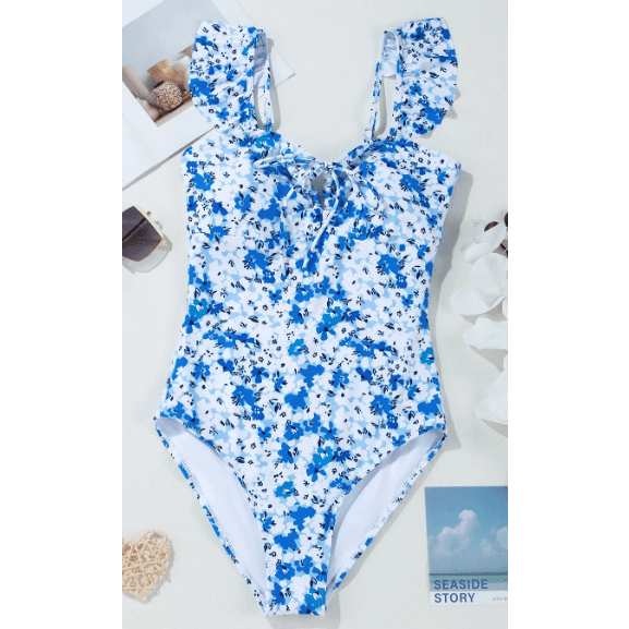 Mady Blue Floral Ruffled Strap Lace-up Hollow Out One Piece Swimsuit