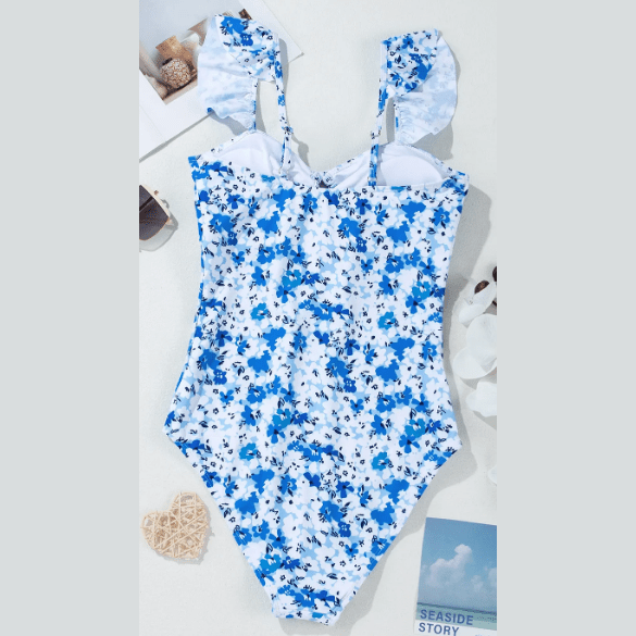 Mady Blue Floral Ruffled Strap Lace-up Hollow Out One Piece Swimsuit