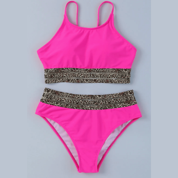 Nan Leopard Mesh Trim 2pcs Bikini Swimsuit