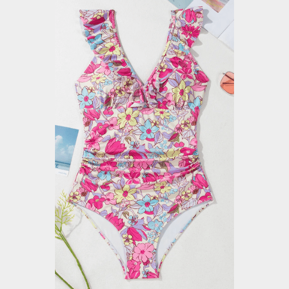 Racquel Pink Floral Ruffle Trim V Neck Lace-up Back Tummy Control One Piece Swimsuit