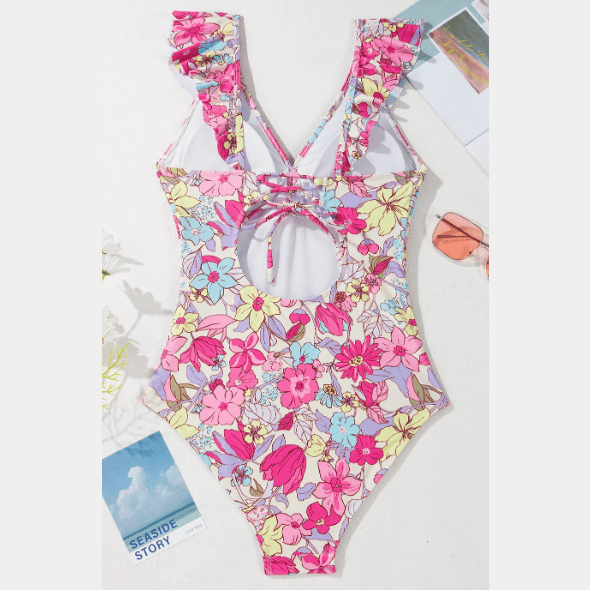 Racquel Pink Floral Ruffle Trim V Neck Lace-up Back Tummy Control One Piece Swimsuit