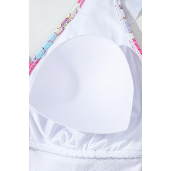 Racquel Pink Floral Ruffle Trim V Neck Lace-up Back Tummy Control One Piece Swimsuit