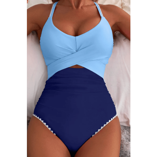 Selena Beau Blue Ric Rac Trim Contrasted Patchwork Cutout One Piece Swimsuit