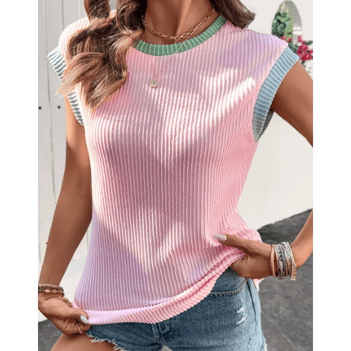 Britley Pink Color Block Corded Knit Crew Neck Tee