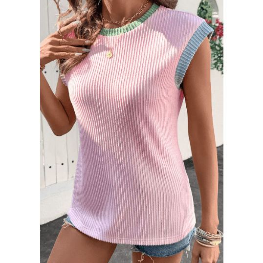 Britley Pink Color Block Corded Knit Crew Neck Tee