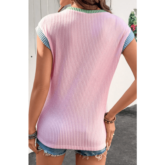 Britley Pink Color Block Corded Knit Crew Neck Tee