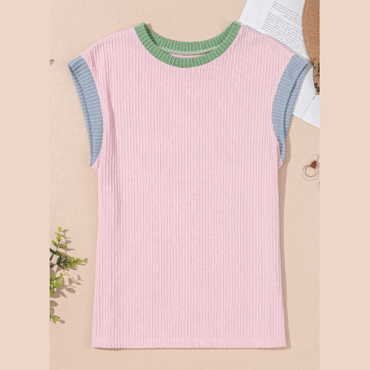 Britley Pink Color Block Corded Knit Crew Neck Tee