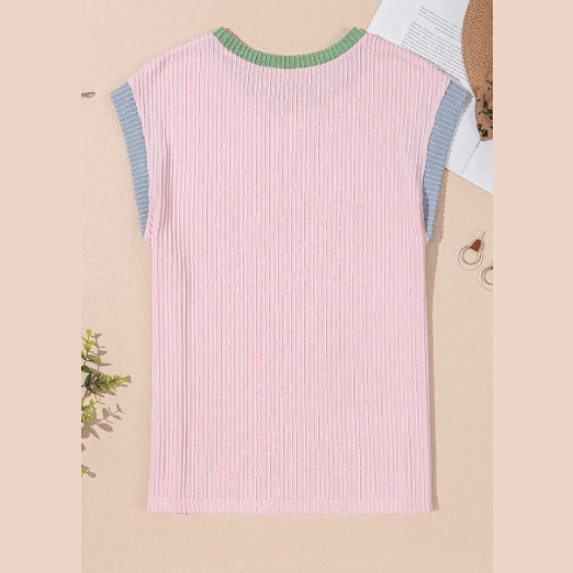 Britley Pink Color Block Corded Knit Crew Neck Tee