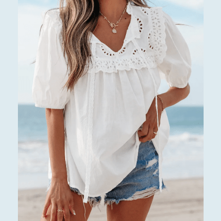 Jedda White Embroidered Lace Patchwork Tie Neck Puff Short Sleeve Blouse