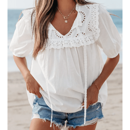 Jedda White Embroidered Lace Patchwork Tie Neck Puff Short Sleeve Blouse