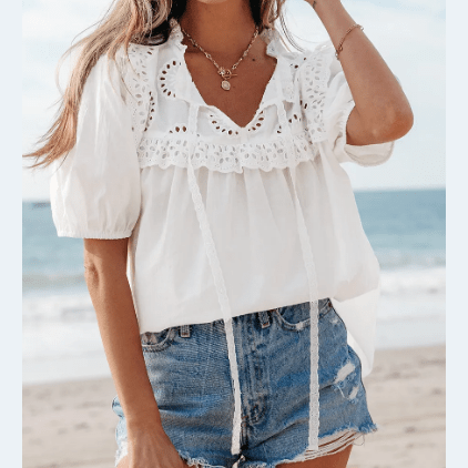 Jedda White Embroidered Lace Patchwork Tie Neck Puff Short Sleeve Blouse