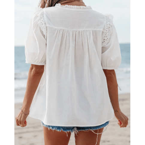 Jedda White Embroidered Lace Patchwork Tie Neck Puff Short Sleeve Blouse
