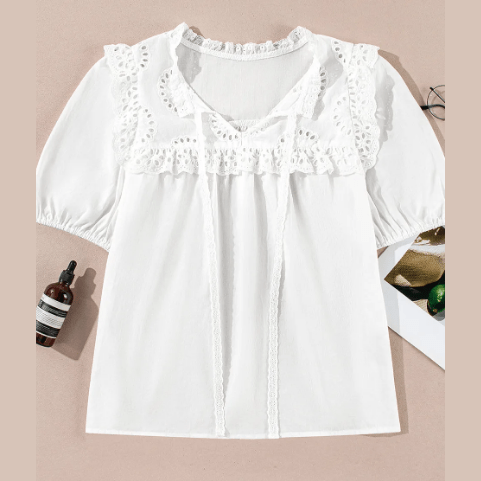 Jedda White Embroidered Lace Patchwork Tie Neck Puff Short Sleeve Blouse