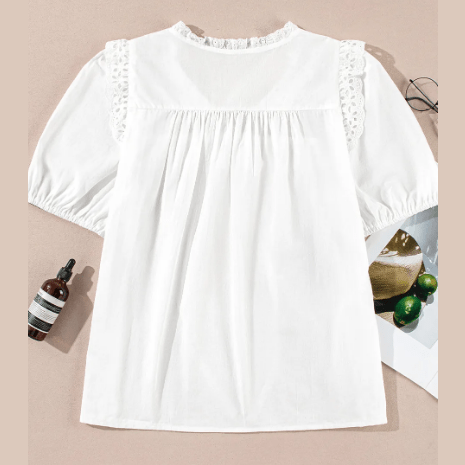 Jedda White Embroidered Lace Patchwork Tie Neck Puff Short Sleeve Blouse