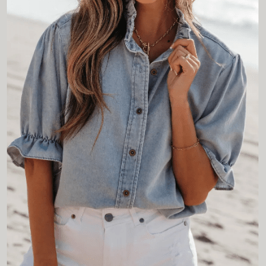 Bexie Beau Blue Ruffle Short Puff Sleeve Summer Chambray Shirt