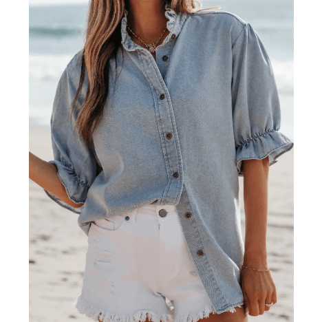 Bexie Beau Blue Ruffle Short Puff Sleeve Summer Chambray Shirt