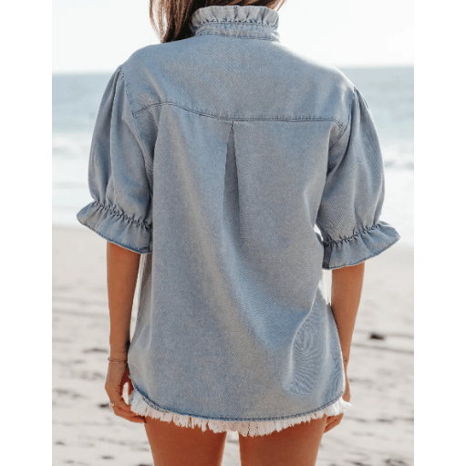 Bexie Beau Blue Ruffle Short Puff Sleeve Summer Chambray Shirt