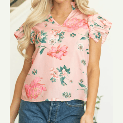 Itzel Pink Floral Print Frilled V Neck Pleated Sleeve Blouse