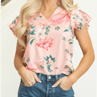 Itzel Pink Floral Print Frilled V Neck Pleated Sleeve Blouse
