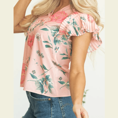 Itzel Pink Floral Print Frilled V Neck Pleated Sleeve Blouse
