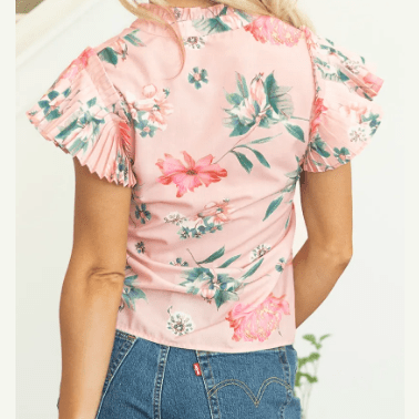 Itzel Pink Floral Print Frilled V Neck Pleated Sleeve Blouse