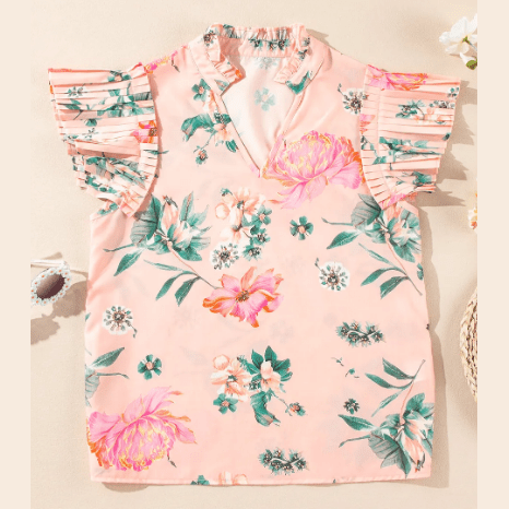 Itzel Pink Floral Print Frilled V Neck Pleated Sleeve Blouse