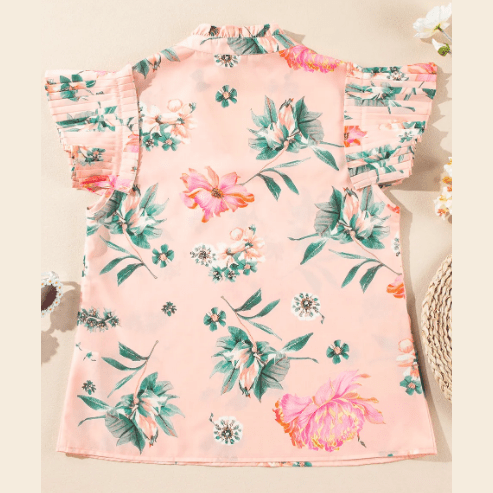 Itzel Pink Floral Print Frilled V Neck Pleated Sleeve Blouse