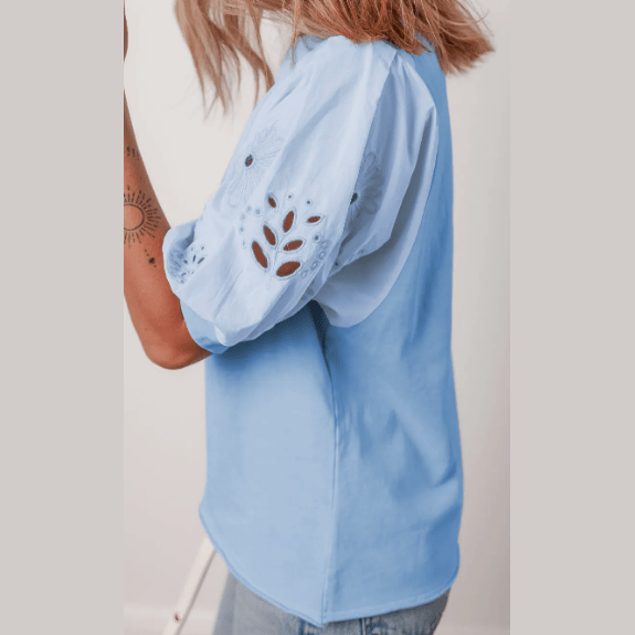 Tailor Beau Blue Eyelet Flower Embroidered Puff Short Sleeve Patchwork Crew Neck Blouse