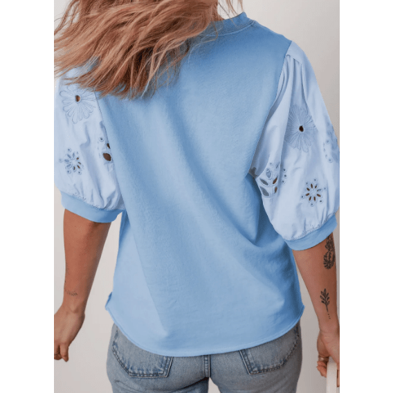 Tailor Beau Blue Eyelet Flower Embroidered Puff Short Sleeve Patchwork Crew Neck Blouse