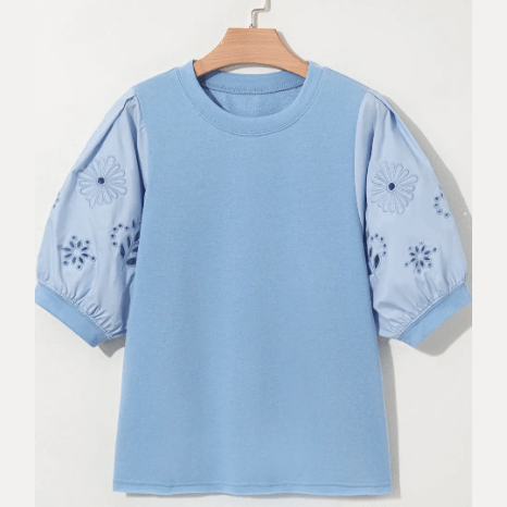 Tailor Beau Blue Eyelet Flower Embroidered Puff Short Sleeve Patchwork Crew Neck Blouse