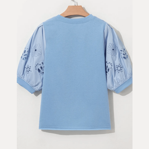 Tailor Beau Blue Eyelet Flower Embroidered Puff Short Sleeve Patchwork Crew Neck Blouse