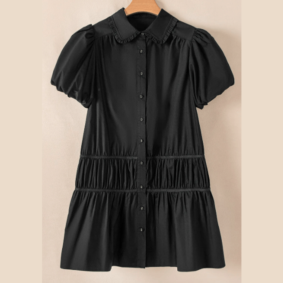 Janna Black Shirt Style Button Down Puff Sleeve Ruffle Hem Dress