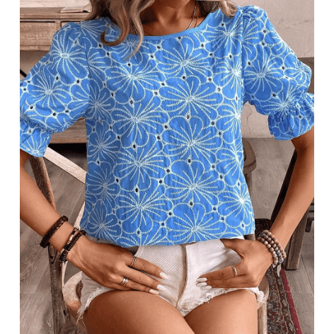 Justine Sky Blue Eyelet Flower Embroidery Frilled Short Puff Sleeve Blouse