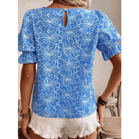 Justine Sky Blue Eyelet Flower Embroidery Frilled Short Puff Sleeve Blouse