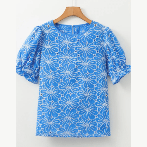 Justine Sky Blue Eyelet Flower Embroidery Frilled Short Puff Sleeve Blouse