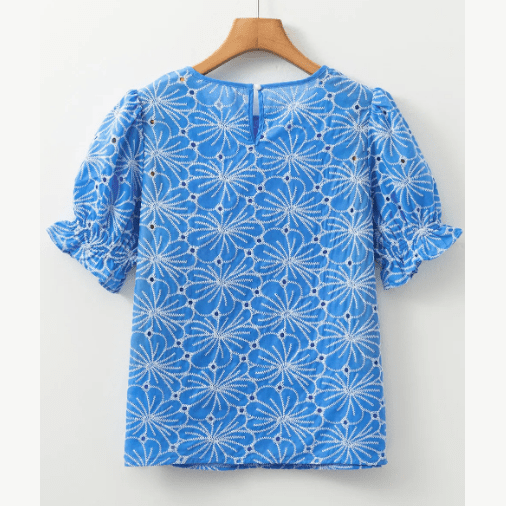 Justine Sky Blue Eyelet Flower Embroidery Frilled Short Puff Sleeve Blouse