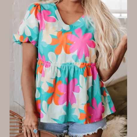 Andi Pink Floral Print Bubble Sleeve V Neck Peplum Blouse