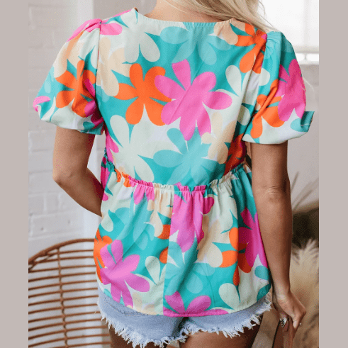 Andi Pink Floral Print Bubble Sleeve V Neck Peplum Blouse