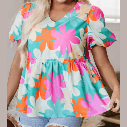 Andi Pink Floral Print Bubble Sleeve V Neck Peplum Blouse