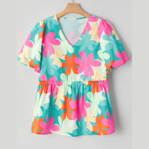 Andi Pink Floral Print Bubble Sleeve V Neck Peplum Blouse