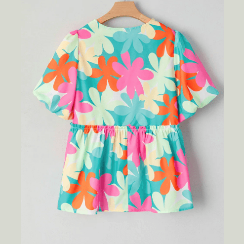 Andi Pink Floral Print Bubble Sleeve V Neck Peplum Blouse