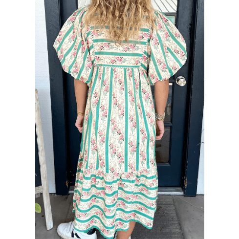 Becca Multicolour Striped Floral Print Tie Split Neck Puff Sleeve Midi Dress
