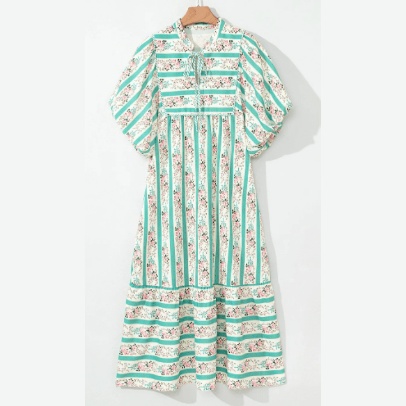 Becca Multicolour Striped Floral Print Tie Split Neck Puff Sleeve Midi Dress