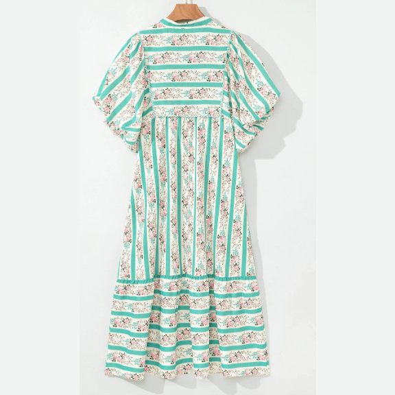 Becca Multicolour Striped Floral Print Tie Split Neck Puff Sleeve Midi Dress