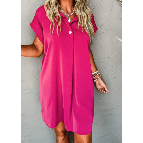 Kitt Pink Buttoned Collar Shift T-shirt Mini Dress