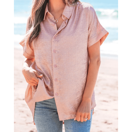 Moriah Pink Metallic Buttoned Loose Fit Short Sleeve Shirt