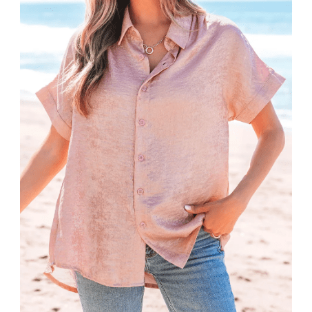 Moriah Pink Metallic Buttoned Loose Fit Short Sleeve Shirt
