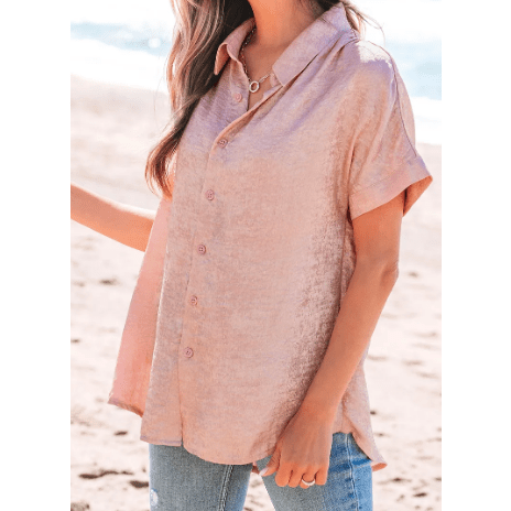 Moriah Pink Metallic Buttoned Loose Fit Short Sleeve Shirt