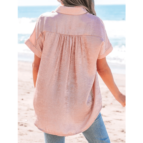 Moriah Pink Metallic Buttoned Loose Fit Short Sleeve Shirt