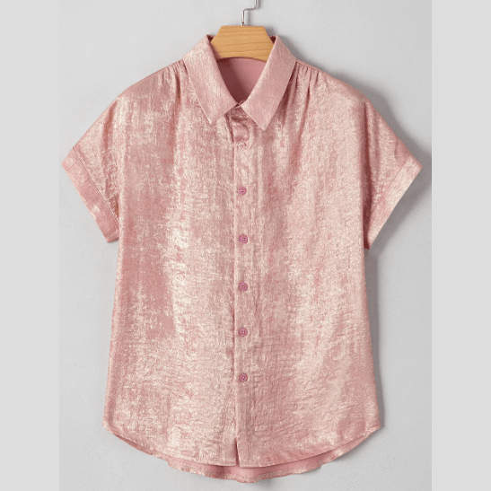 Moriah Pink Metallic Buttoned Loose Fit Short Sleeve Shirt